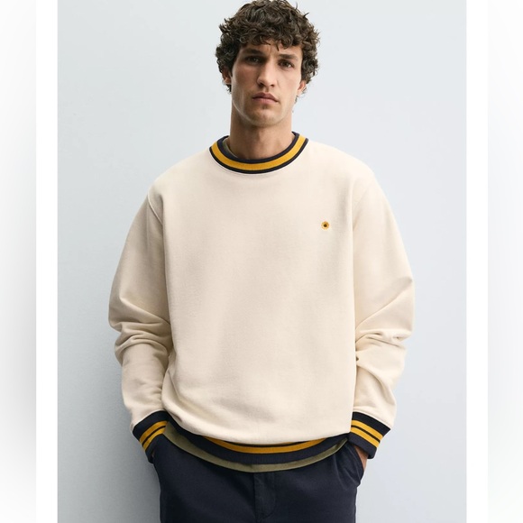 ZARA Men’s Contrast Rib Embroidered Sweatshirt M NWT